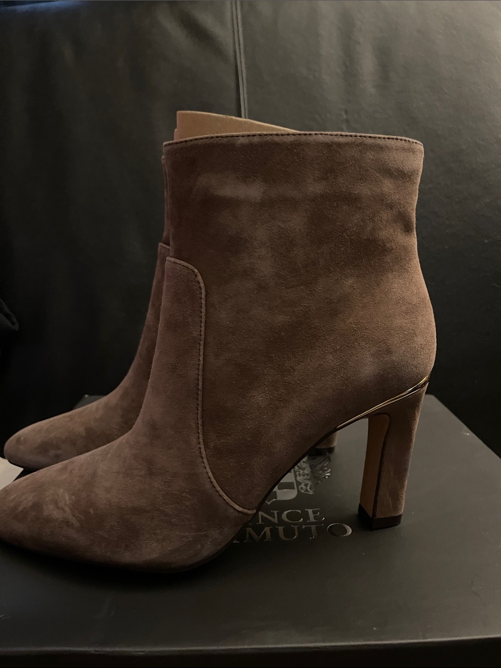 Vince Camuto Greer Suede Ankle Boot Toasted Taupe w/Gold Accent Sz 10 NWB